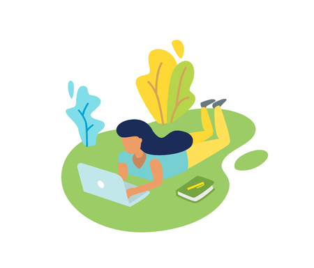 Girl with laptop lying on meadow. Vectorのイラスト素材