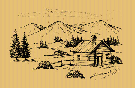 wood cabin in mountains landscape vector illustrationのイラスト素材