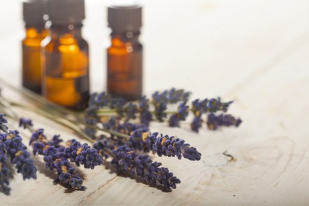 Branch of a lavender and bottles
