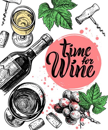 Wine sketch illustration bottle, glasses, grape vine, corkscrew, hand drawnの写真素材
