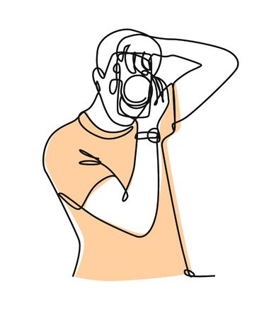 photographer with camera drawn continuous Line Doodleのイラスト素材