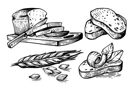 hand drawn bread and wheat with grainsのイラスト素材