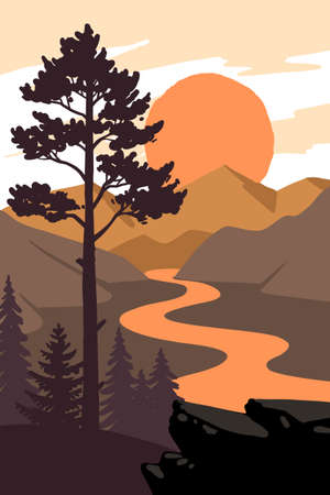 pine tree stands on ground with rocks near lakeのイラスト素材