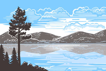 sketch landscape a pine tree stands on groundのイラスト素材