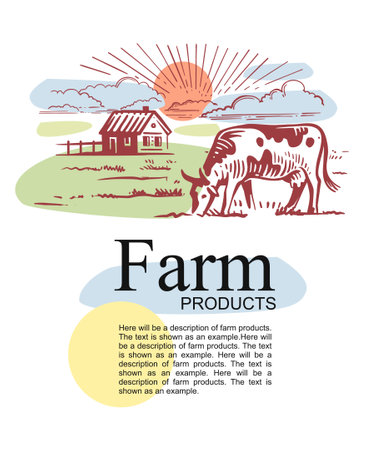 Farm with cow and text with color templateのイラスト素材