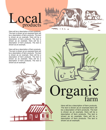 Farm with cow and dairy products with color templateのイラスト素材