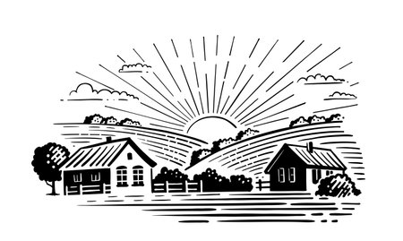 village with fields and sunのイラスト素材