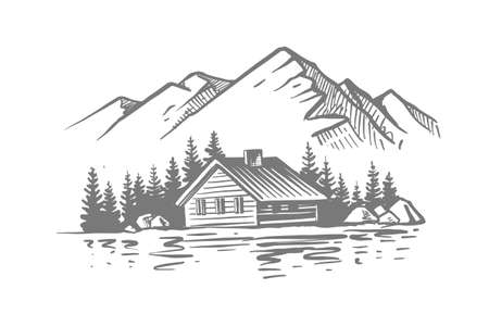 Landscape with large mountains. Nature sketch with house and river. Hand drawn ink illustrationのイラスト素材