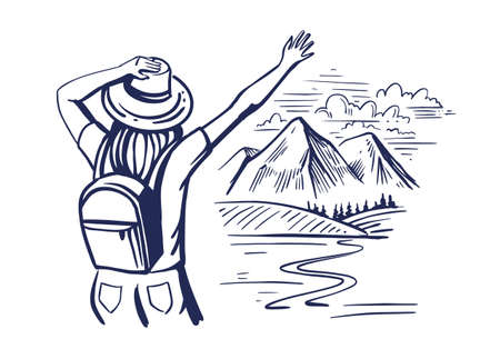 Tourist stands and waves her hand to new adventures. Sketch woman and nature with mountains. Illustration for prints on t-shirts bags, posters, cardsのイラスト素材
