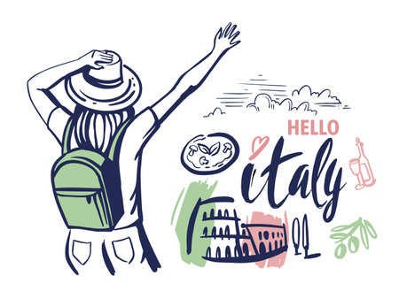 Woman tourist waving her hand to Italy. Travel theme sketch with sights. Illustration for prints on t-shirts bags, posters, cardsのイラスト素材