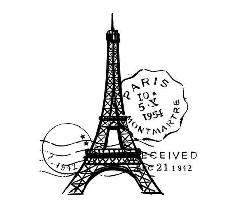 Sketch of Eiffel Tower with post stamps. Romantic symbol in France. Sightseeing landmark.のイラスト素材