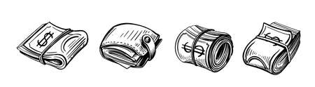 Hand drawn money banknotes and wallet in doodle. Black contours sketch.のイラスト素材