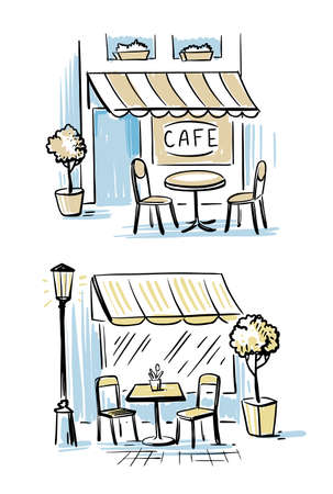 Coffeeshop Outsider. Two outdoor cafes. Hand drawn sketch Vector Illustrationのイラスト素材