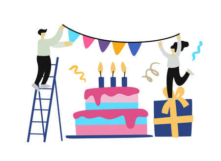 Happy birthday with gift and cake with people. Friends and congratulations, confetti.のイラスト素材