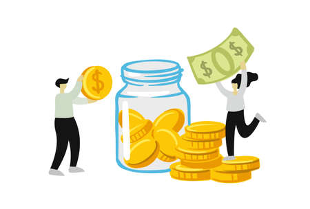 People collecting and saving Money in glass jar. Earning concept.のイラスト素材