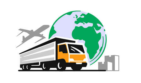 Transport truck emblem. Logistic delivery or transportation industry lorry with by plane and sphere of earth.のイラスト素材
