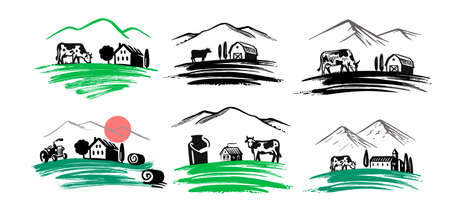 Village emblem. Farmer signs for products. Country with brush stroke.のイラスト素材