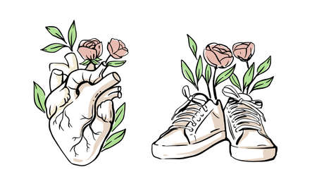Human heart hand drawn. Vector sneakers with flowersのイラスト素材