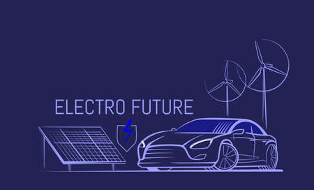 Electric car line. Eco energy of nature. Solar panel and wind turbine.のイラスト素材