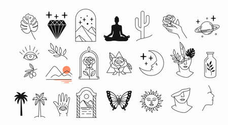 Line mystic set. Simple hand drawn icons vector illustrationのイラスト素材
