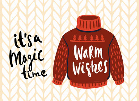 Knitted Christmas ugly sweater card. Funny holiday clothesのイラスト素材