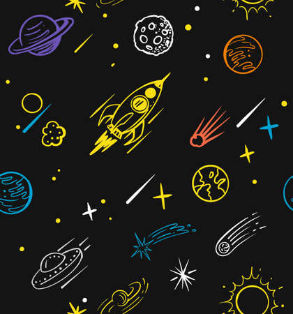 Seamless pattern with rocket doodle. Space sketch cartoonのイラスト素材