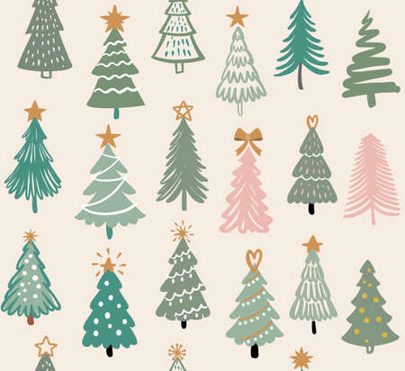 Seamless pattern with Christmas trees. Hand drawing winter fir tree. New year symbolのイラスト素材
