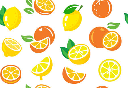 Seamless pattern with lemons and oranges vector, tropic fruits, leaves.のイラスト素材