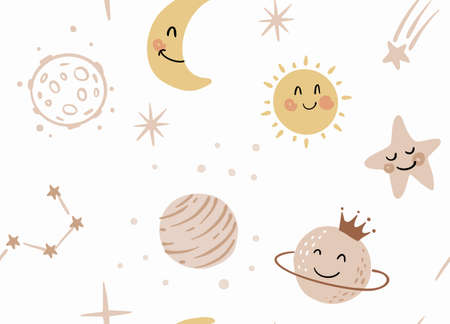 Cute vector cartoon cosmic seamless pattern. Planets, sun, shooting stars. Cosmos Kids art design for nurseryのイラスト素材