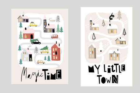 Holiday Christmas background with village and winter landscape.のイラスト素材