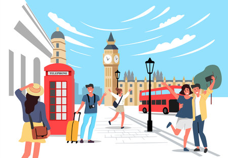 London vector with tourists. Travel theme cartoon people in cityのイラスト素材