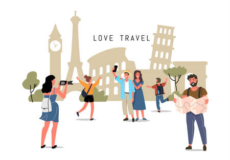 World landmarks and tourists. Travel theme cartoon vector charactersのイラスト素材
