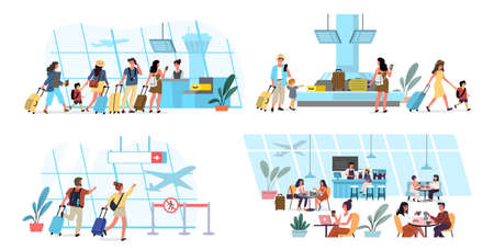 People in airport terminal vector. Plane boarding flight register tourists. Passengers characters in waiting, baggage claim, border control.のイラスト素材