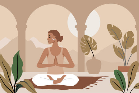 Woman doing yoga exercises and practicing meditation vector. Female character in home interiorのイラスト素材