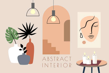 Modern abstract geometric interior with plants vector. Wall in boho style.のイラスト素材