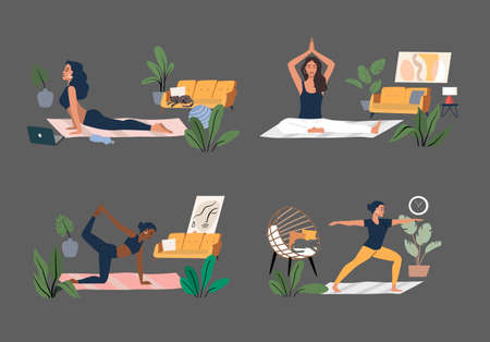Woman doing yoga exercises and practicing meditation vector. Female character in home interiorのイラスト素材