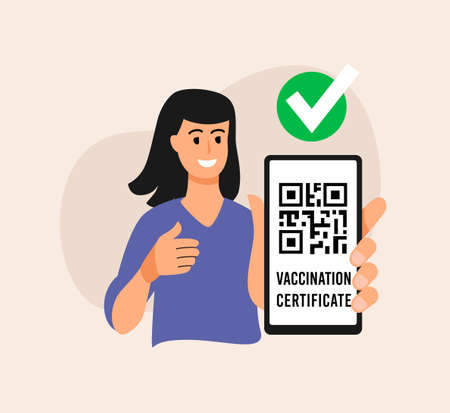 Woman with smartphone qr code vector. Vaccinated digital certificate passport.on device screen.