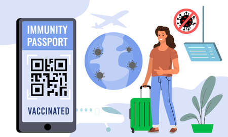Woman tourist uses health passport with qr code to fly vector. Traven covid themeのイラスト素材