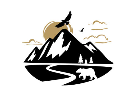 Mountain outdoor adventure landscape with bear vector.のイラスト素材