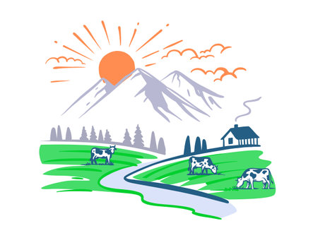 Cows in meadow in village vector. Farm landscape with mountainsのイラスト素材