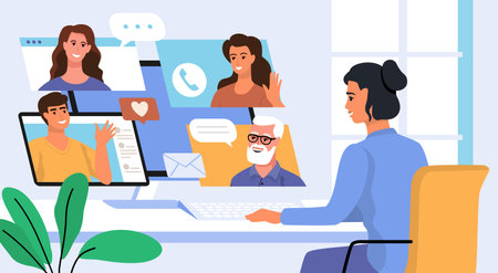 Female working from home office at computer table vector. Desktop computer with group of colleagues, business team.のイラスト素材