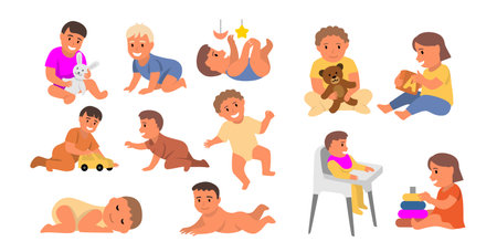 Cartoon cute little babies set vector. Child boy sleeping, sitting, crawlingのイラスト素材