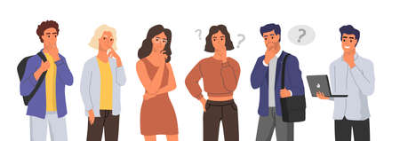 People flexing with question marks vector. Male and female characters standing in thoughtful pose.のイラスト素材