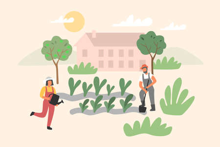 Harvesting man and woman - farming job in garden.