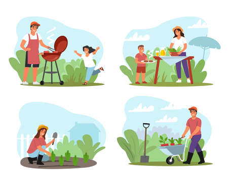 Family doing bbq and doing gardening work vector.のイラスト素材