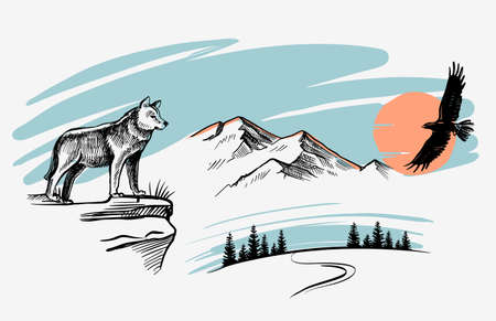 Wolf on rock in forest. Mountains landscape sketch