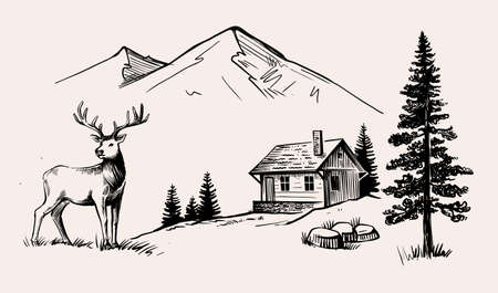 Mountains and house with deer vector. Nature landscapeのイラスト素材