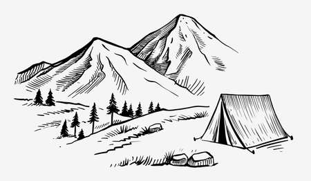 Tourist tent in the mountains. Camping in natureのイラスト素材