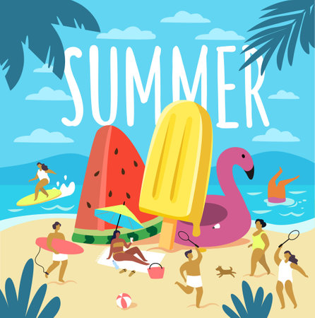 Summer beach people. Relaxing cartoon characters, sunbathing man and womanのイラスト素材
