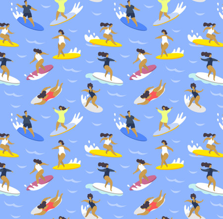 Surfing characters. Man and Woman with Surf boards pattern.のイラスト素材